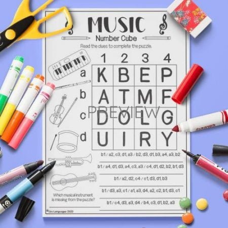 ESL English Music Number Cube Activity Worksheet