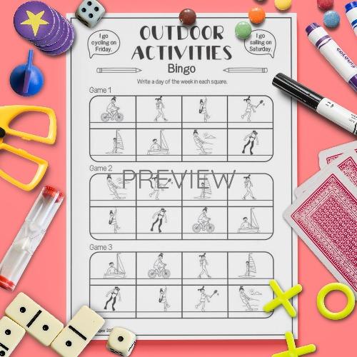 ESL English Outdoor Activities Bingo Game Activity Worksheet