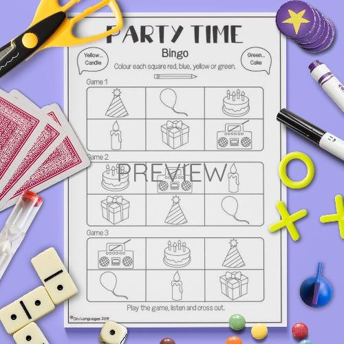 ESL English Party Time Bingo Game Activity Worksheet