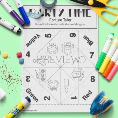 ESL English Party Time Fortune Teller Game Craft Activity Worksheet