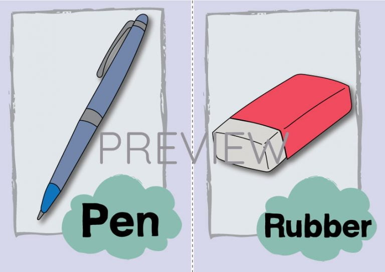 Pen and Rubber Flashcard Gru Languages