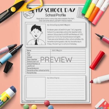 ESL English My School Day Reading Activity Worksheet