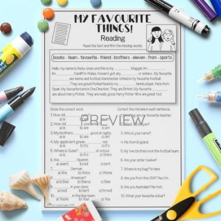 ESL English My Favourite Things Reading Activity Worksheet