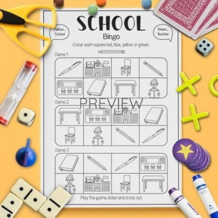 ESL English School Bingo Game Activity Worksheet