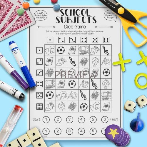 ESL English School Subjects Dice Game  Activity Worksheet