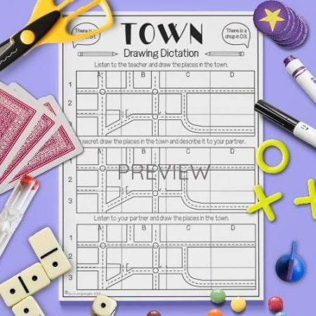 ESL English Town Drawing Dictation Game Activity Worksheet
