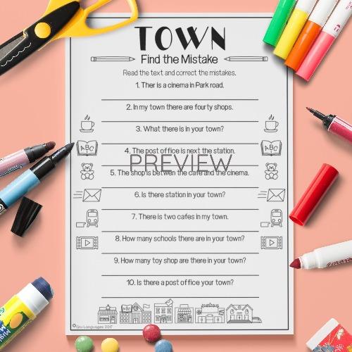 ESL English Town Find The Mistakes Activity Worksheet
