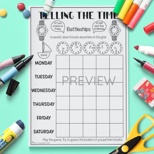 ESL English Telling The Time Battleships Game Activity Worksheet