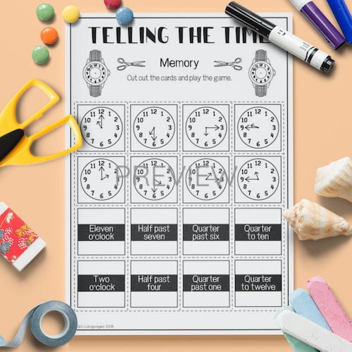 telling the time memory game fun esl worksheet for kids