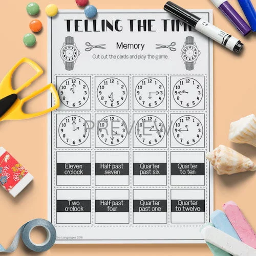 ESL English Telling The Time Memory Game Activity Worksheet