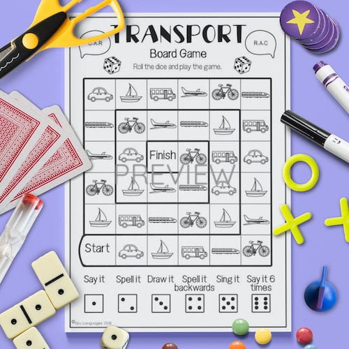 ESL English Transport Board Game Activity Worksheet