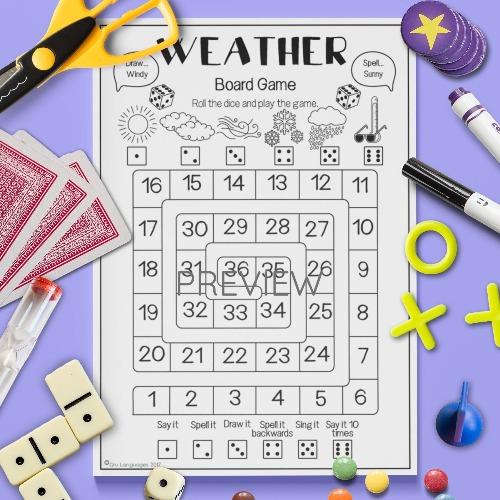 ESL English Weather Board Game Activity Worksheet