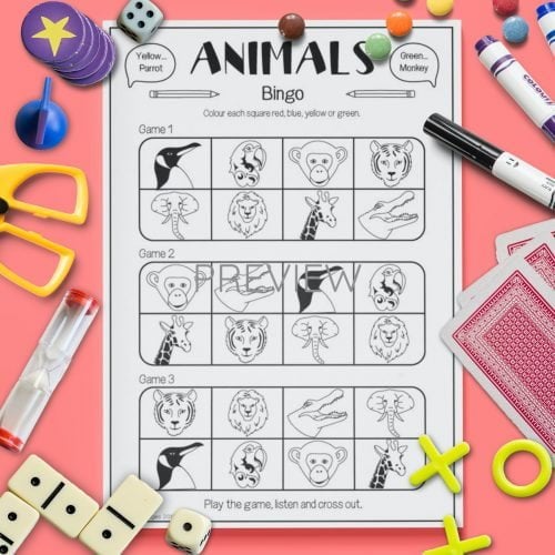 ESL English Wild Animal Bingo Game Activity Worksheet