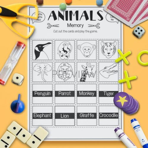 ESL English Wild Animal Memory Game Activity Worksheet