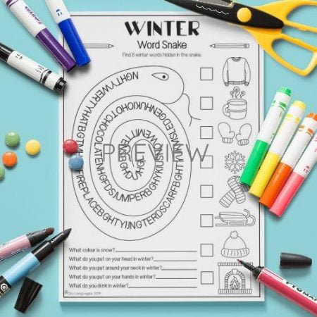 ESL English Winter Word Snake Activity Worksheet