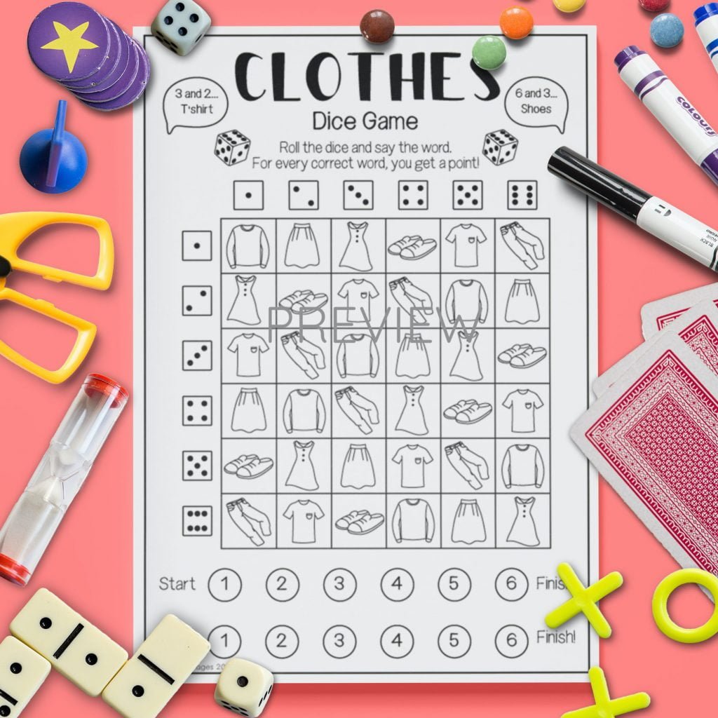 clothes dice game fun esl worksheet for kids