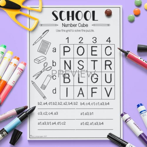 ESL English School Number Cube Puzzle Activity Worksheet