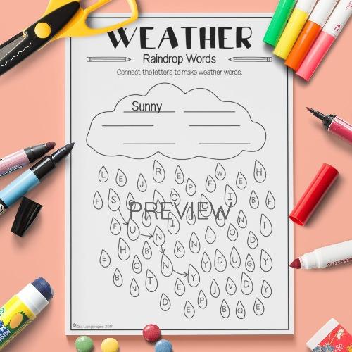 ESL English Weather Rain Drop Words Activity Worksheet
