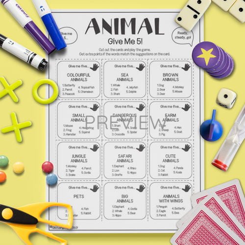 ESL English Animals Give Me Five Game Activity Worksheet