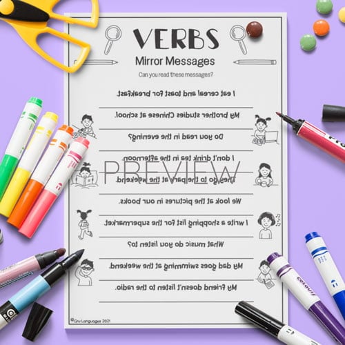 ESL English Verbs Mirror Messages Activity Worksheet