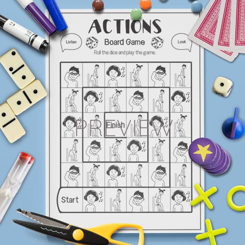 ESL Preschool Actions Board Game Activity Worksheet