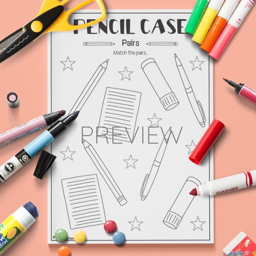 ESL Preschool Pencil Case Pairs Activity Worksheet