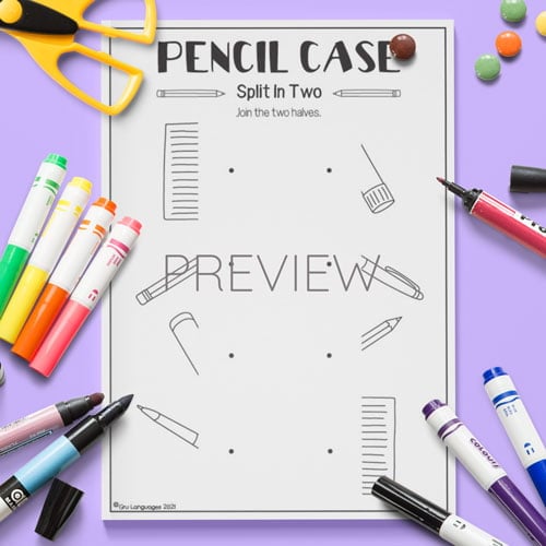 ESL Preschool Pencil Case Split In Two Activity Worksheet