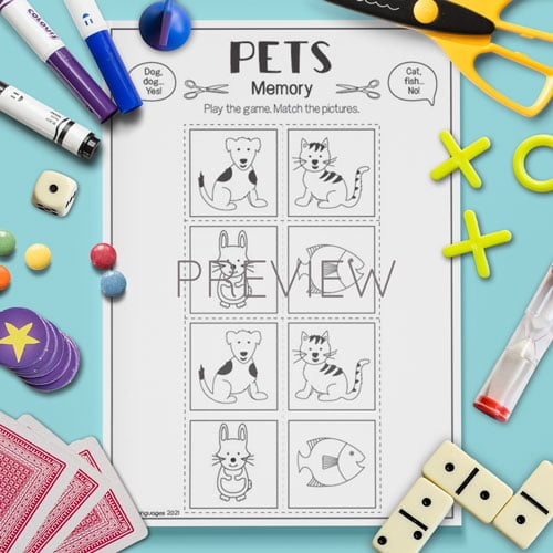 ESL Preschool Pets Memory Game Activity Worksheet
