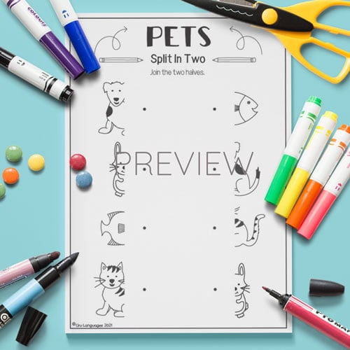 ESL Preschool Pets Split In Two Activity Worksheet