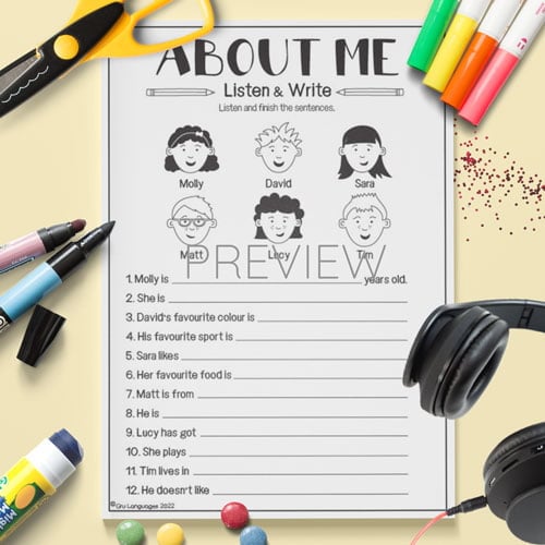 ESL English About Me Listen and Write Activity Worksheet
