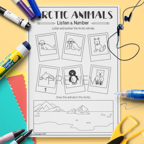 ESL English Kids Arctic Animals Listen & Number Activity Worksheet