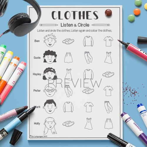 ESL Kids Clothes Listen and Circle Activity Worksheet