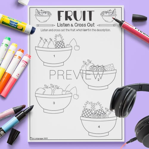 ESL Kids Fruit Listen and Cross Out Activity Worksheet