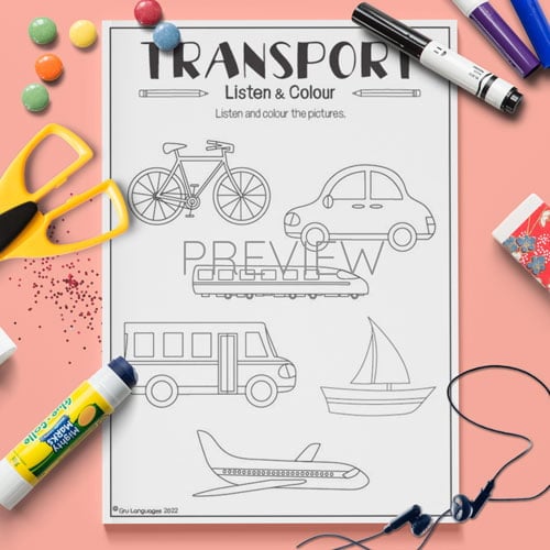 ESL English Kids Transport Listen and Colour Activity Worksheet