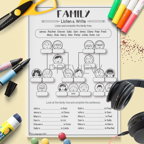 ESL English Kids Family Tree Listen and Write Activity