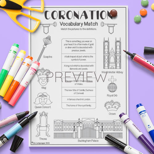 The King's Coronation Vocabulary Match Worksheet for Children