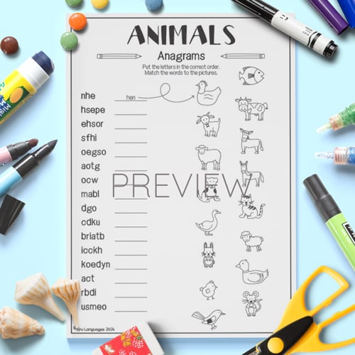 animal anagram activity worksheet for children