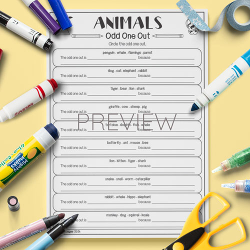 Animals odd one out vocabulary worksheets for children