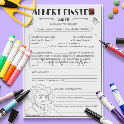 Albert Einstein gap fill activity for children