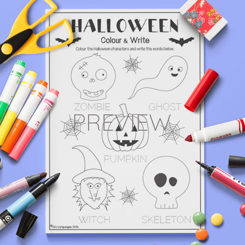 Halloween colour and write activity for children