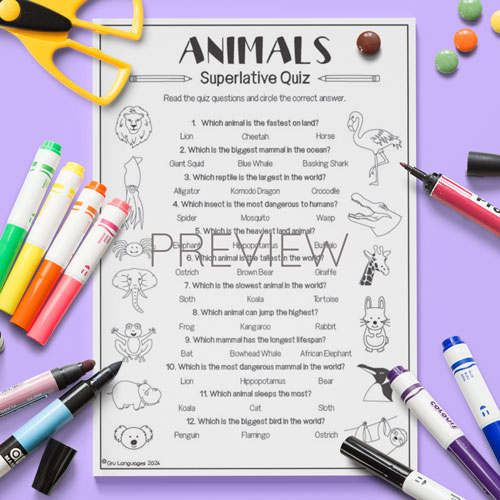 Animal themed superlatives quiz for children