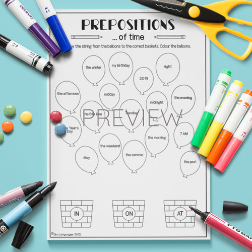 Prepositions of Time Worksheet for Children