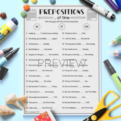 Gap Fill Worksheet for Prepositions of Time