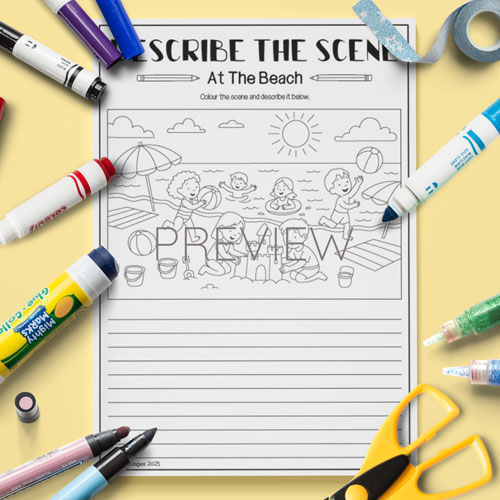 Describe the beach scene activity for children learning English
