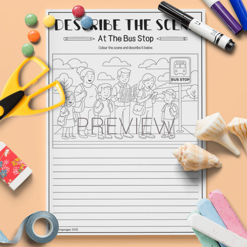 Describe the bus stop scene activity for children learning English