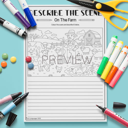 Describe the farmyard scene activity for children learning English