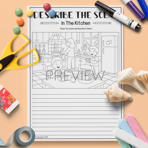 Describe the scene kitchen activity for children learning English