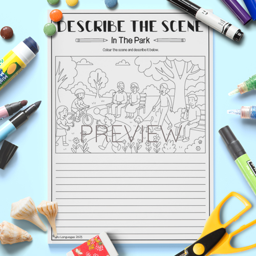 Describe the park scene activity for children learning English