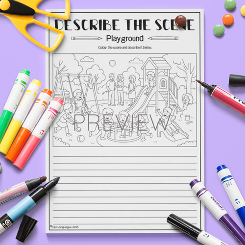 Describe the playground scene activity for children learning English