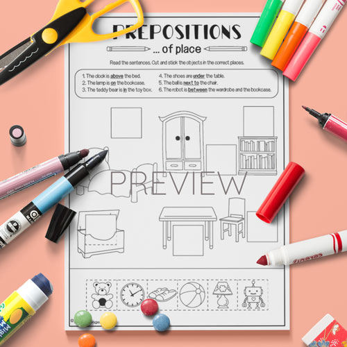 Prepositions of place, cut and stick activity for children